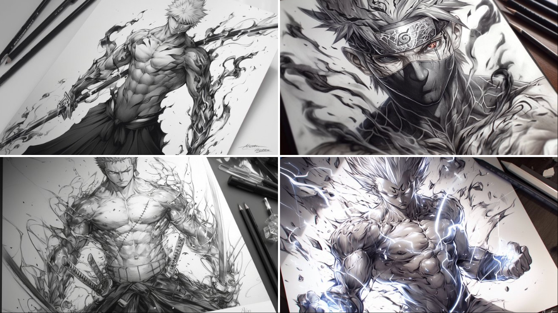 Create a high-contrast pencil drawing of {{YOUR_CHARACTER}} on white paper, featuring detailed linework, strong shadows, and dramatic light-and-shadow effects. The character is shown in a dynamic pose with {{ELEMENT_EFFECTS}} surrounding them, rendered in a manga-inspired black ink and pencil sketch style.