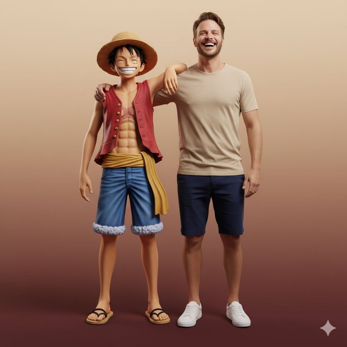 Create an ultra-realistic full-body portrait from the uploaded photo, showing the person standing side by side with Monkey D. Luffy, smiling at the camera in a warm gradient studio setup. The scene features soft cinematic lighting, natural friendly body language, and high-fashion editorial realism.
