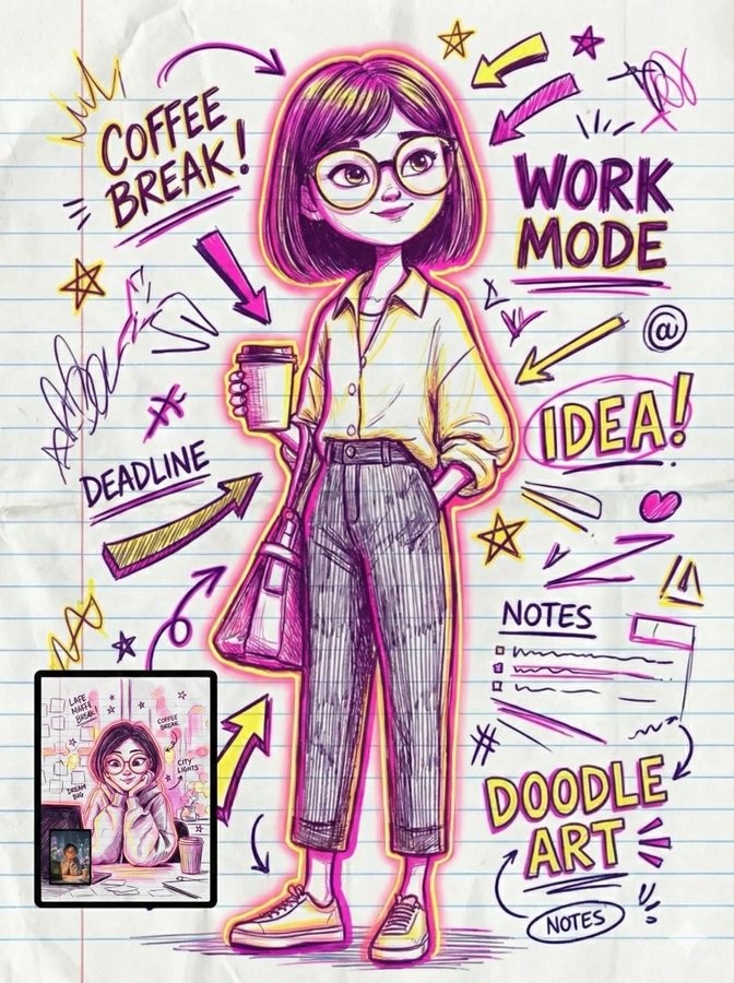 Transform an uploaded portrait into chaotic, energetic doodle art on lined notebook paper using ballpoint pen, neon markers, and ink, while preserving full likeness. Adds comic-style annotations, icons, and handwritten sound effects with vibrant outer glow in 4K.