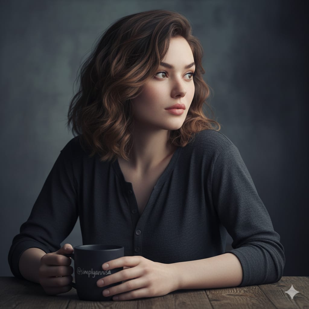 Create a moody, cinematic, hyper-realistic surreal portrait of @simplyannisa at a wooden table, preserving her real facial features. Soft cool-toned lighting, shallow depth of field, and a minimalist dark background add emotional depth and contrast.