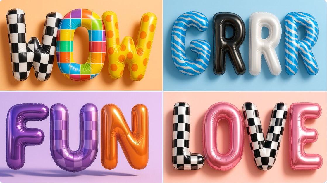 Create a hyper-realistic 3D rendering of shiny, patterned mylar balloon letters spelling {{WORD}}, with crisp reflections and soft shadows on a soft pastel {{BACKGROUND_COLOR}} background. Ideal for vibrant pop-art birthday installations and fashion campaign visuals.