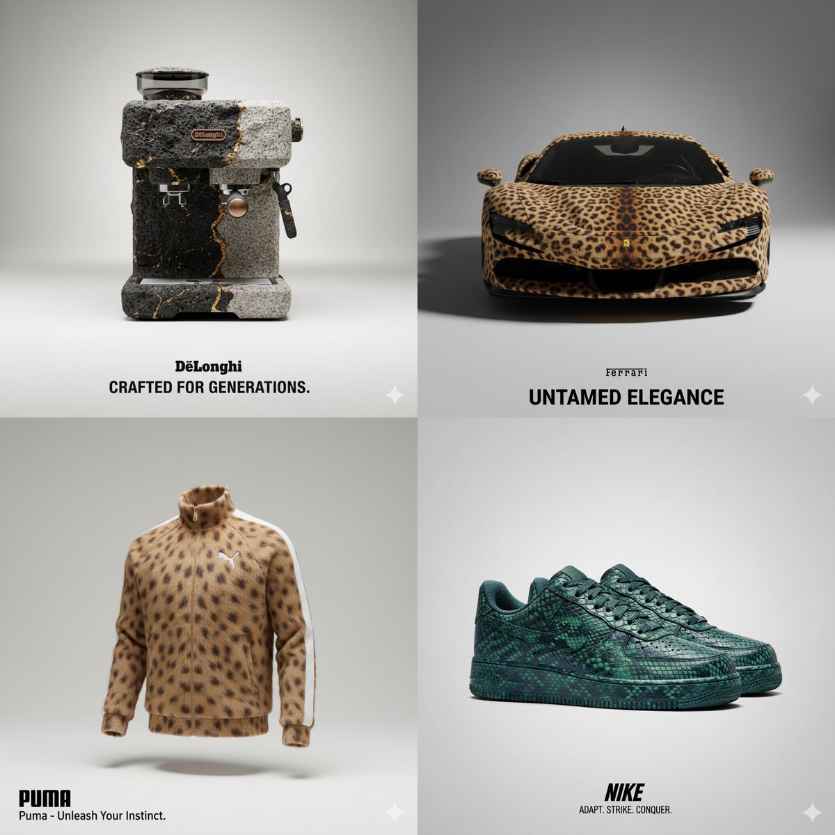 Create a premium, high-quality studio product photograph where a branded object is fully covered in ultra-realistic animal texture while preserving the original design and identity. The composition features a neutral background, professional lighting, soft shadows, and a prominent official logo with an auto-generated ad slogan inspired by the animal.