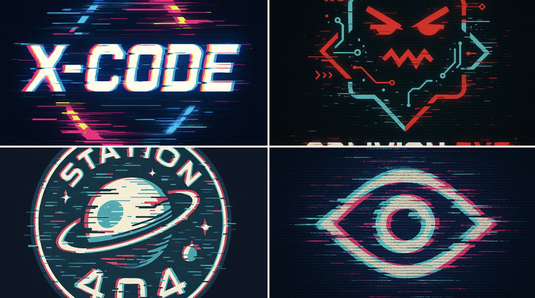 Create bold vector logos in glitch art style with distorted typography, RGB channel shifts, digital noise, and a neon cyberpunk aesthetic on a dark background. Ideal for futuristic sci‑fi branding and hacked/corrupted emblem concepts.