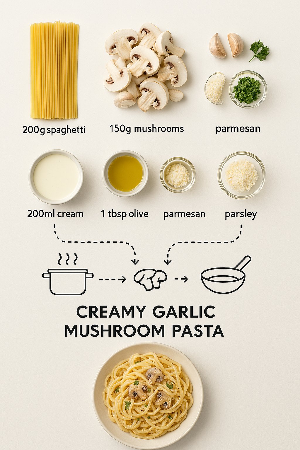 Create a clean, white-background, top-down recipe infographic for creamy garlic mushroom pasta with labeled ingredient photos, dotted-line step flow, and a final plated shot at the bottom.