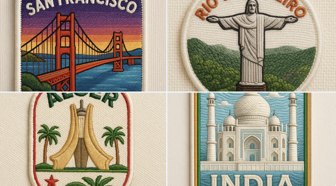 Create a 1:1 close-up photograph of a vibrant, cartoon-style embroidered city patch inspired by the uploaded image, featuring rich thread texture and natural lighting. Include flag-inspired national colors and embroidered capital-letter text for the city or country on a soft off-white fabric background.