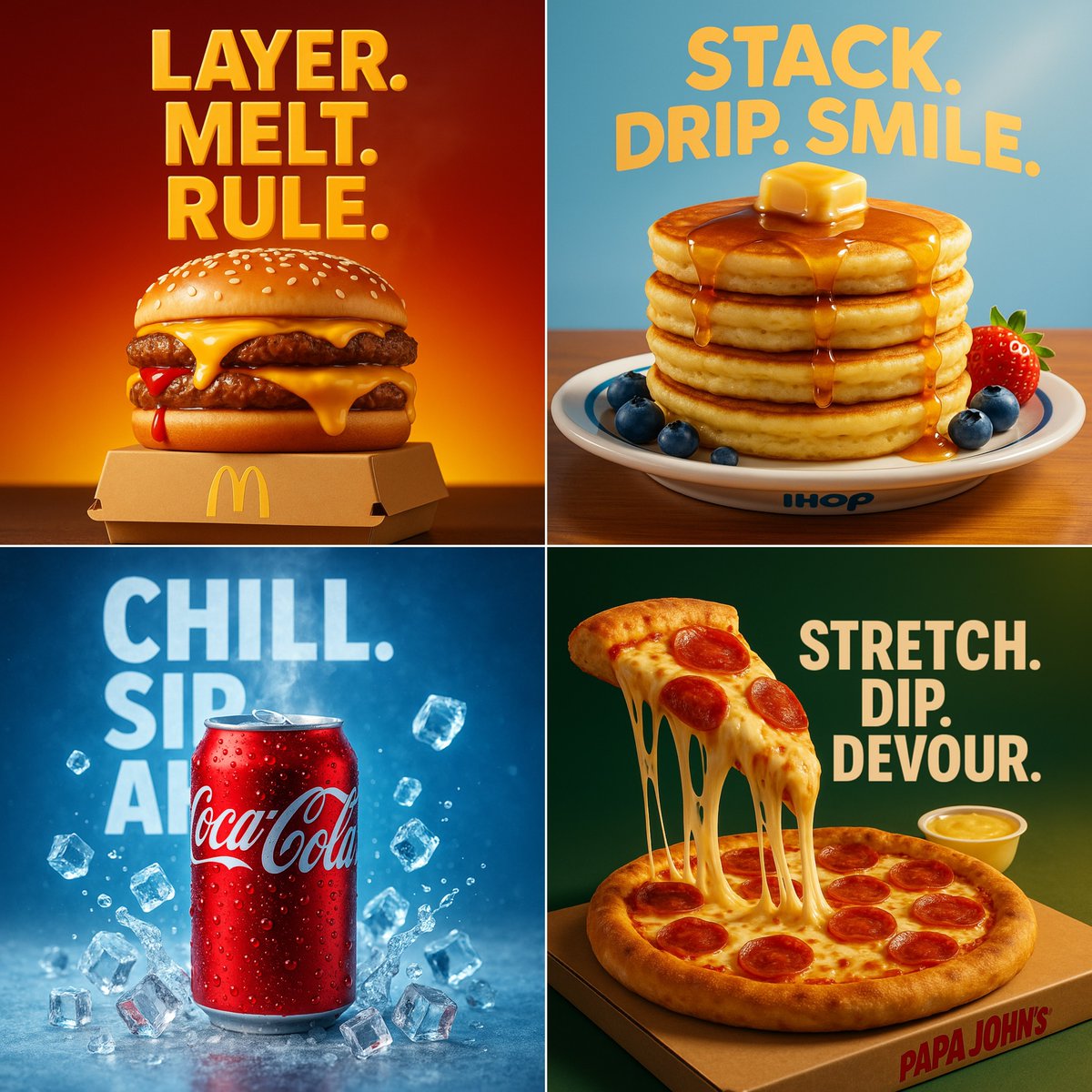 Create a smooth 3D hyperrealistic food advertisement featuring glossy textures, perfect lighting, and cinematic depth of field on a dark moody surface. Includes backlit steam and dripping sauce effects, a three-word elegant slogan behind the dish, and a subtle restaurant logo placement.