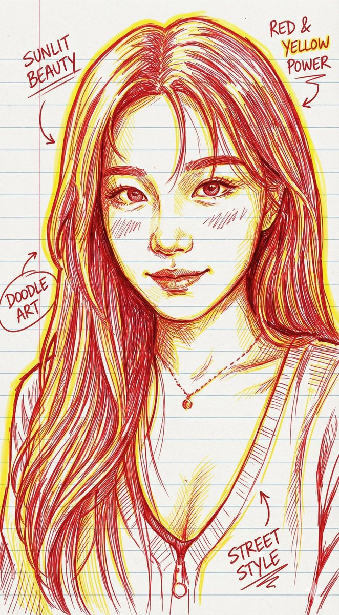 Generate a hand-drawn portrait illustration from your uploaded image using red and yellow pen on notebook paper, inspired by doodle art and comic-style annotations. The result keeps full likeness with expressive lines, handwritten notes, and realistic pen-stroke texture in 4K.