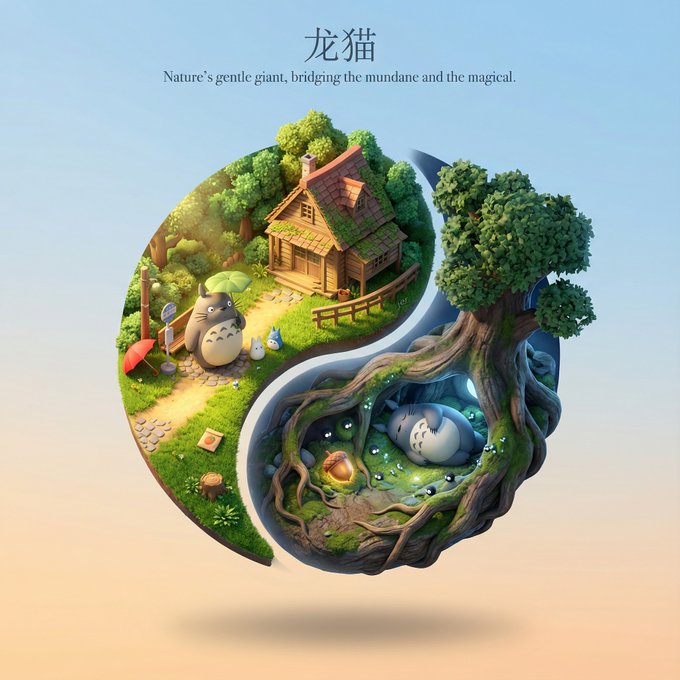 A floating circular yin-yang diorama rendered in a cute high-poly 3D cartoon style, contrasting two interlocking realms around a single theme. Includes cinematic poster typography, soft atmospheric shadow, and a clean gradient sky background.