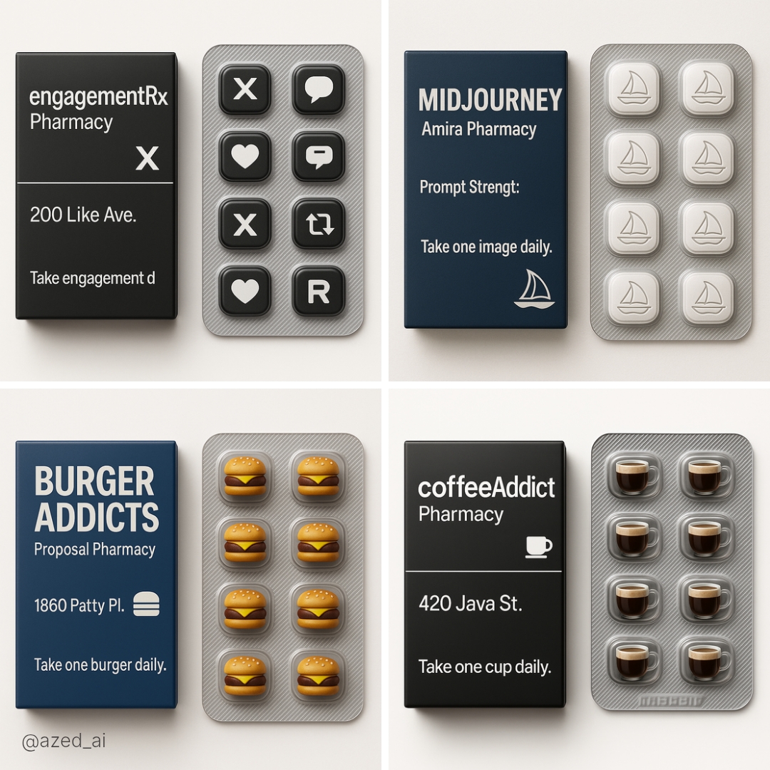 Create a square-format digital product photo featuring a clean pharmaceutical-style box and a silver blister pack of themed pills for modern branding and packaging visuals.