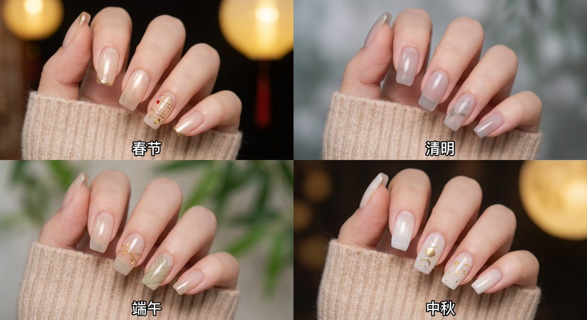 Create a consistent 2x2 photo collage of the same hand and composition, changing only the nail design to match Spring Festival, Qingming, Dragon Boat Festival, and Mid-Autumn. Each panel must include a clean label at the bottom with the festival name.