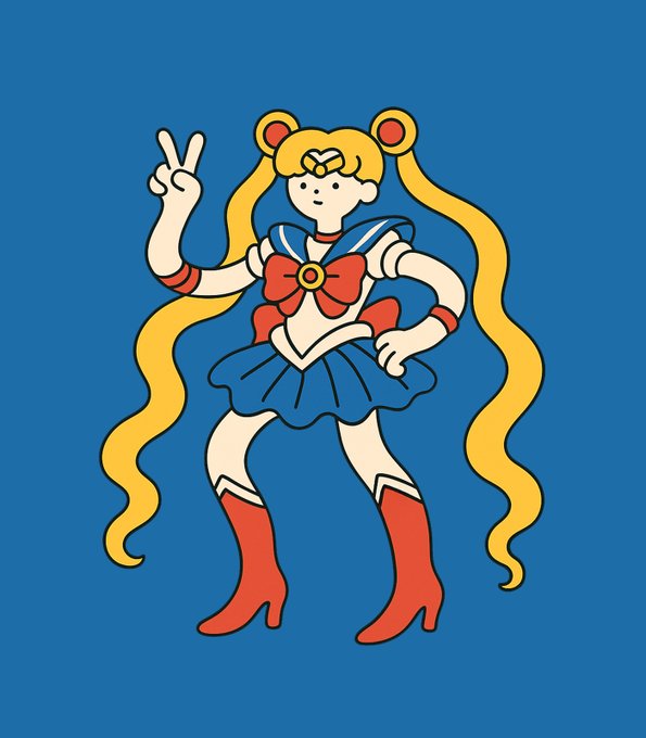 Create a full-body flat vector illustration of a playful cartoon character with a tiny white head, thin black outlines, bold flat clothing colors, and a solid blue background. Designed to be clean, vector-friendly, and square-format.