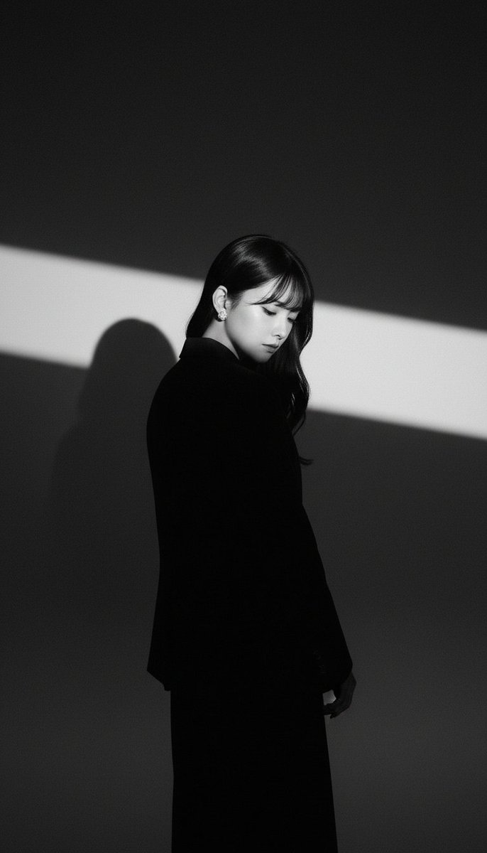 A dramatic black-and-white studio portrait featuring a figure turned away from the camera, lit by a strong side light for striking silhouette contrast and a quiet, introspective mood.