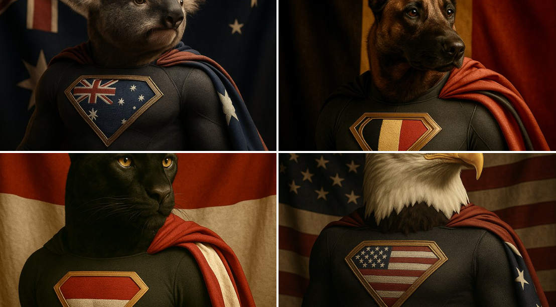 Create a cinematic, hyper-realistic 1:1 portrait of a heroic animal in a textured dark gray superhero suit, featuring a gold diamond emblem with an embroidered national flag and a flowing flag cape against a softly blurred flag backdrop.