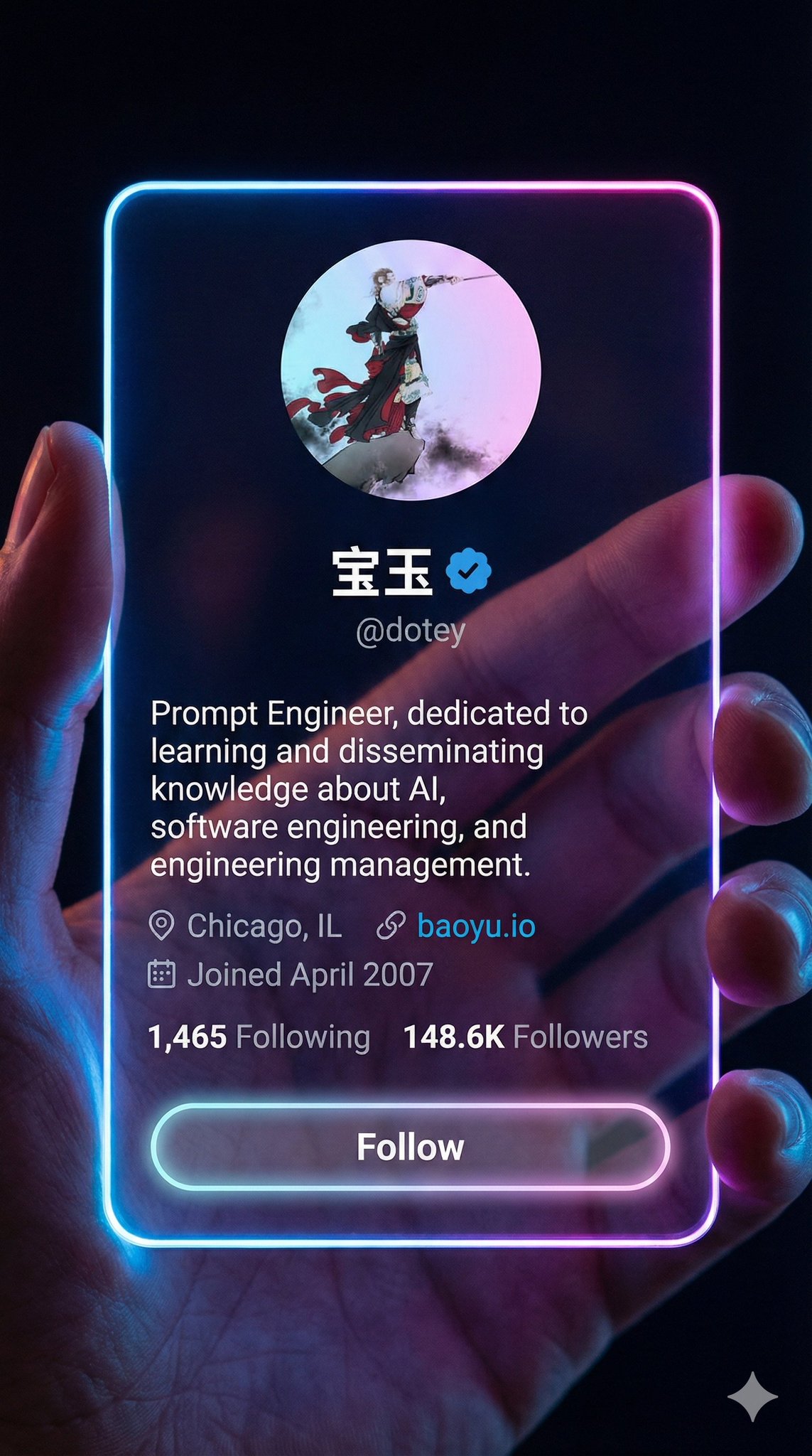 Create a vertical 9:16 photorealistic cyberpunk social profile interface shown on a crystal-clear, borderless acrylic card held in hand, with soft blue–pink–purple neon edge glow. Profile details are shown only from a reference image, on a clean UI with no banners or background images.