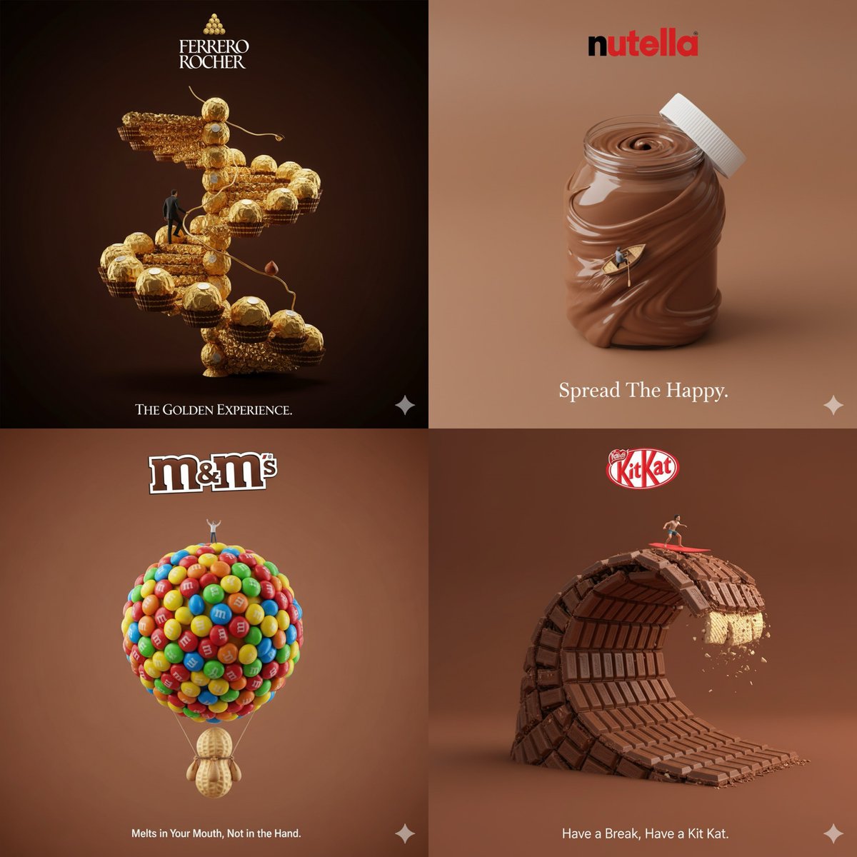 Create a creative 3D advertisement for a brand featuring a surreal object made from the brand itself, with a matching background color and a miniature person interacting with the object. Place the logo at the top and the real slogan below for a clean, clever, minimalist portrait layout.