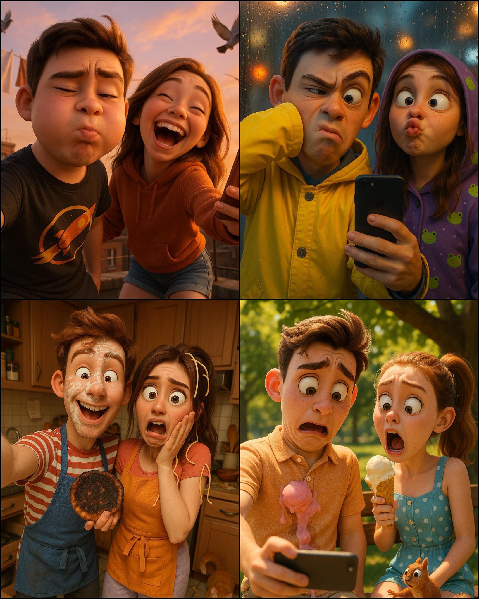 Ultra HD 4K Pixar-style 3D portrait of a young couple caught in a chaotic rooftop selfie moment at sunset, with an accidental sneeze and contagious laughter. Warm orange-pink skies, flying pigeons, and fluttering laundry frame their exaggerated cartoon expressions.