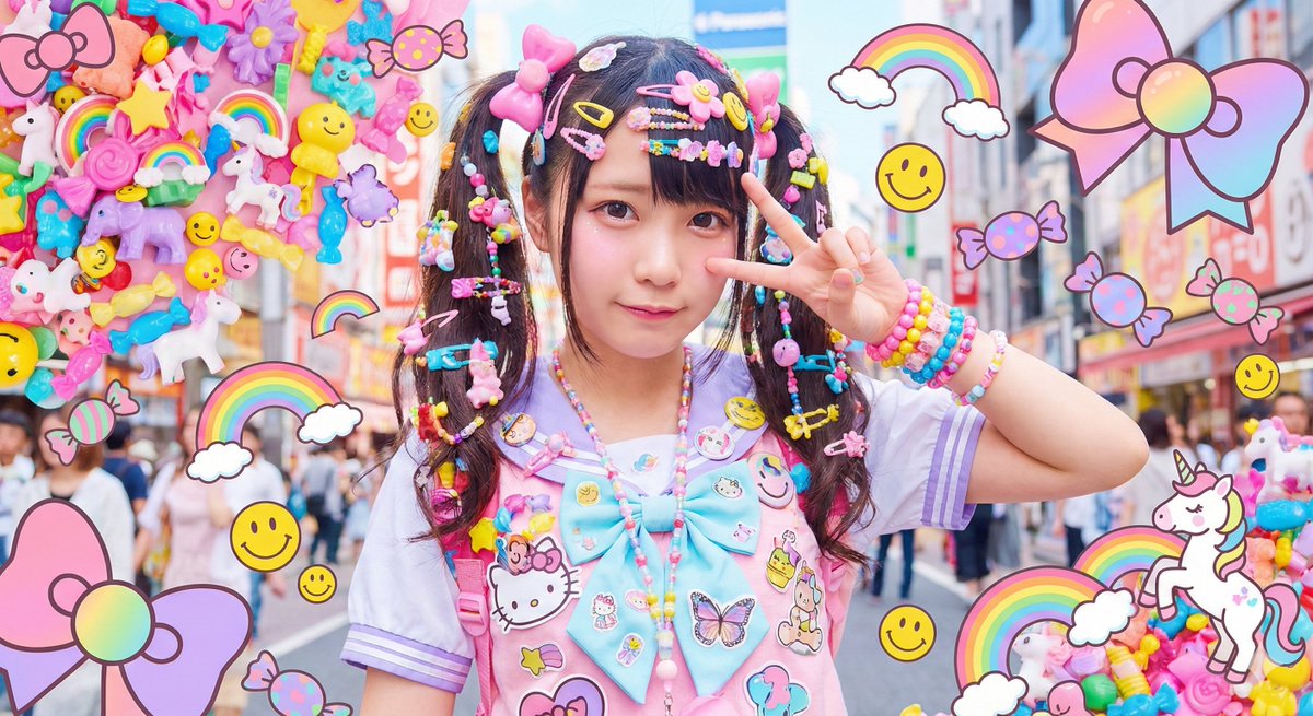 A vibrant, low-to-mid angle portrait of a cute young East Asian woman in Harajuku Decora fashion on a busy Tokyo street, surrounded by overflowing kawaii pop art stickers and illustrations. Bright daylight and energetic pastel colors amplify the playful mood.