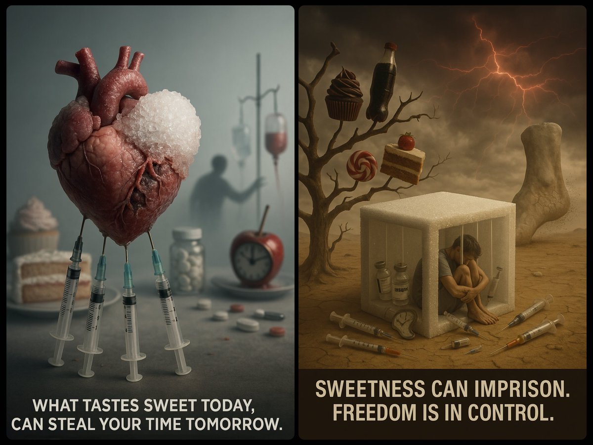 Plan and prepare a powerful surrealistic visual concept about diabetes, then generate a photographic image with a caption to deliver an influential message.