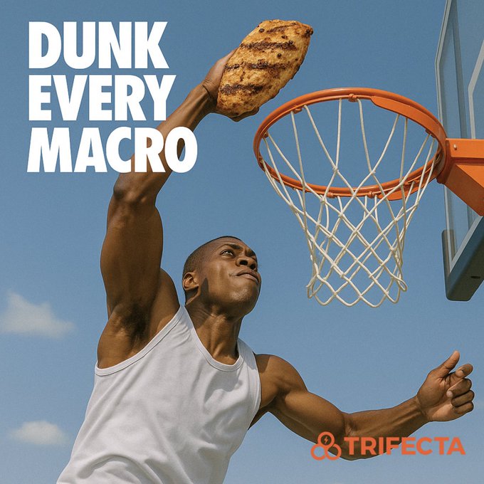 A set of bold, humorous fitness-themed ad concepts that merge athletic action with meal prep imagery and Trifecta’s orange/black branding. Includes basketball, tennis, boxing, and baseball scenes with punchy taglines and logo placement.