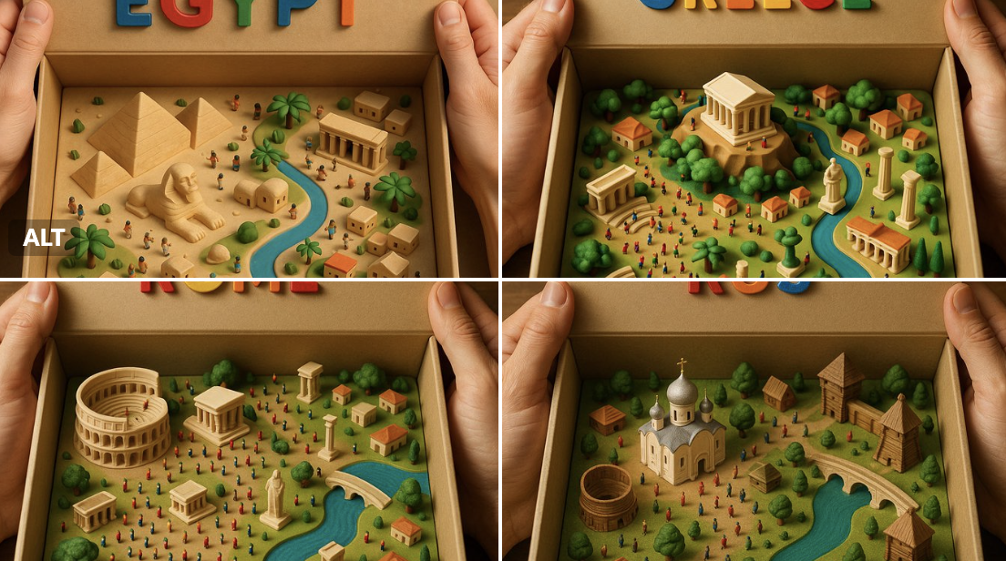 Create an ultra-realistic top-down photo of a 3D-printed miniature landscape contained inside a beige cardboard toy box, complete with hands holding the lid open and a colorful country-name title on the inside lid.