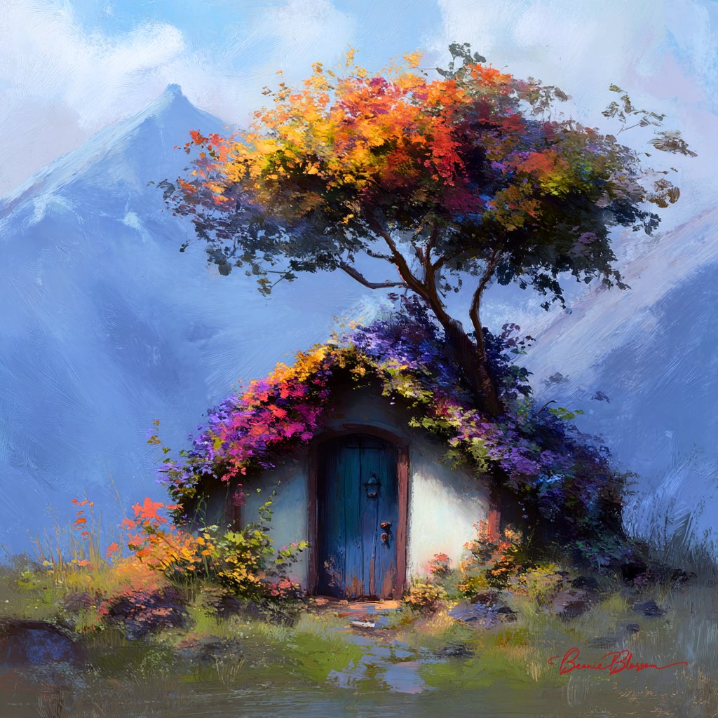 A whimsical small house made entirely of flowers, framed by a colorful-leaved tree around the door and on the roof, set against a distant mountain landscape. Rendered with natural lighting, soft colors, rich detail, and a subtle painterly fantasy atmosphere.