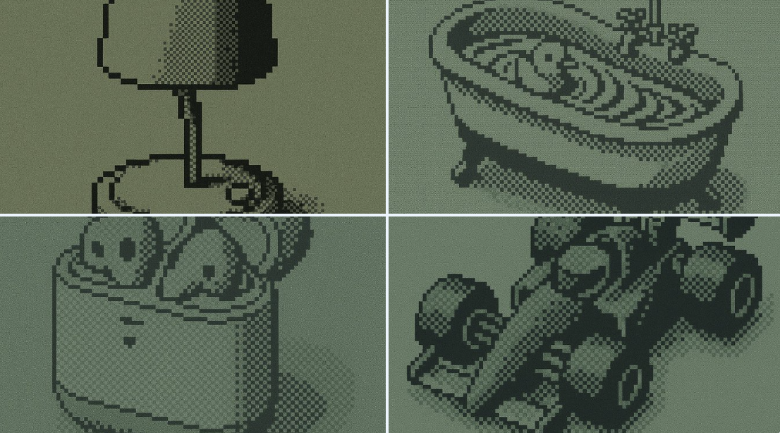 Create clean, retro monochrome LCD-style visuals using a 1-bit square pixel grid with optional dithering, orthographic front view, and crisp bitmap typography. Includes subtle LCD grain and a light pixel drop shadow for nostalgic depth.