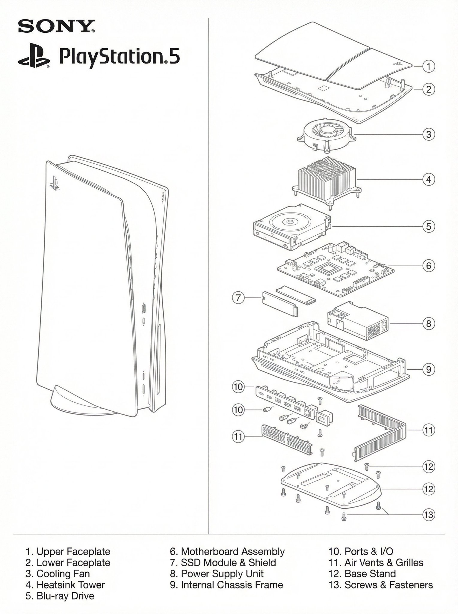 A clean monochrome line-art technical blueprint featuring a full PS5 console and a vertically exploded internal component view with numbered labels and a matching parts list, styled to match a provided PlayStation 1 schematic reference layout.