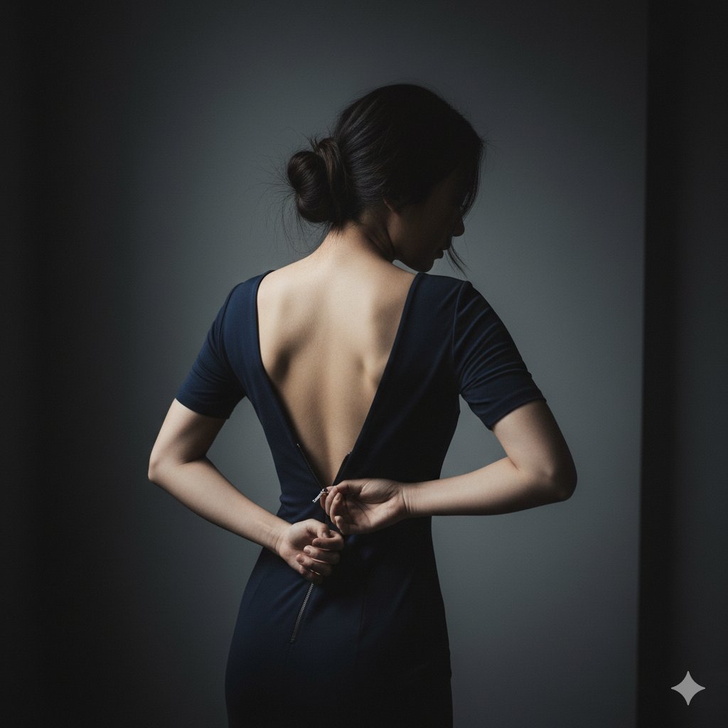 A photorealistic, intimate low-key portrait set in a minimalist dark bedroom/dressing room, focusing on a hand pulling down the back zipper of a dark, form-fitting dress. Cinematic, cool-toned grading with high-contrast chiaroscuro lighting and natural skin texture.