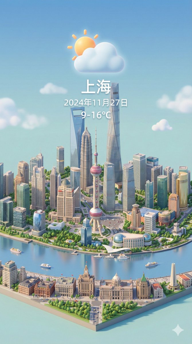 Create a vertical 9:16 isometric miniature 3D cartoon city scene of Shanghai with iconic landmarks and integrated weather elements, featuring prominent city-name and weather typography overlay. The composition is minimalist with soft PBR materials and gentle, lifelike lighting for a fresh, soothing look.
