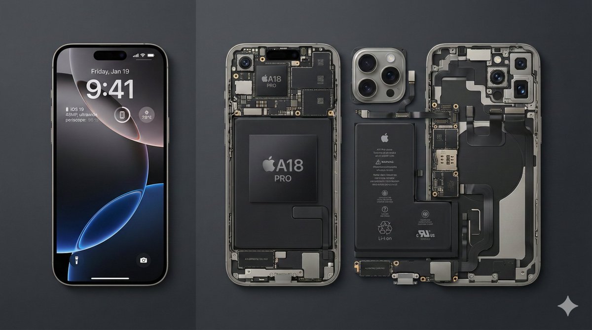 A minimalist split-layout teardown comparison photograph of the latest iPhone 16 Pro Max, showing the powered-on titanium phone alongside neatly arranged internal components on a clean dark gray background.