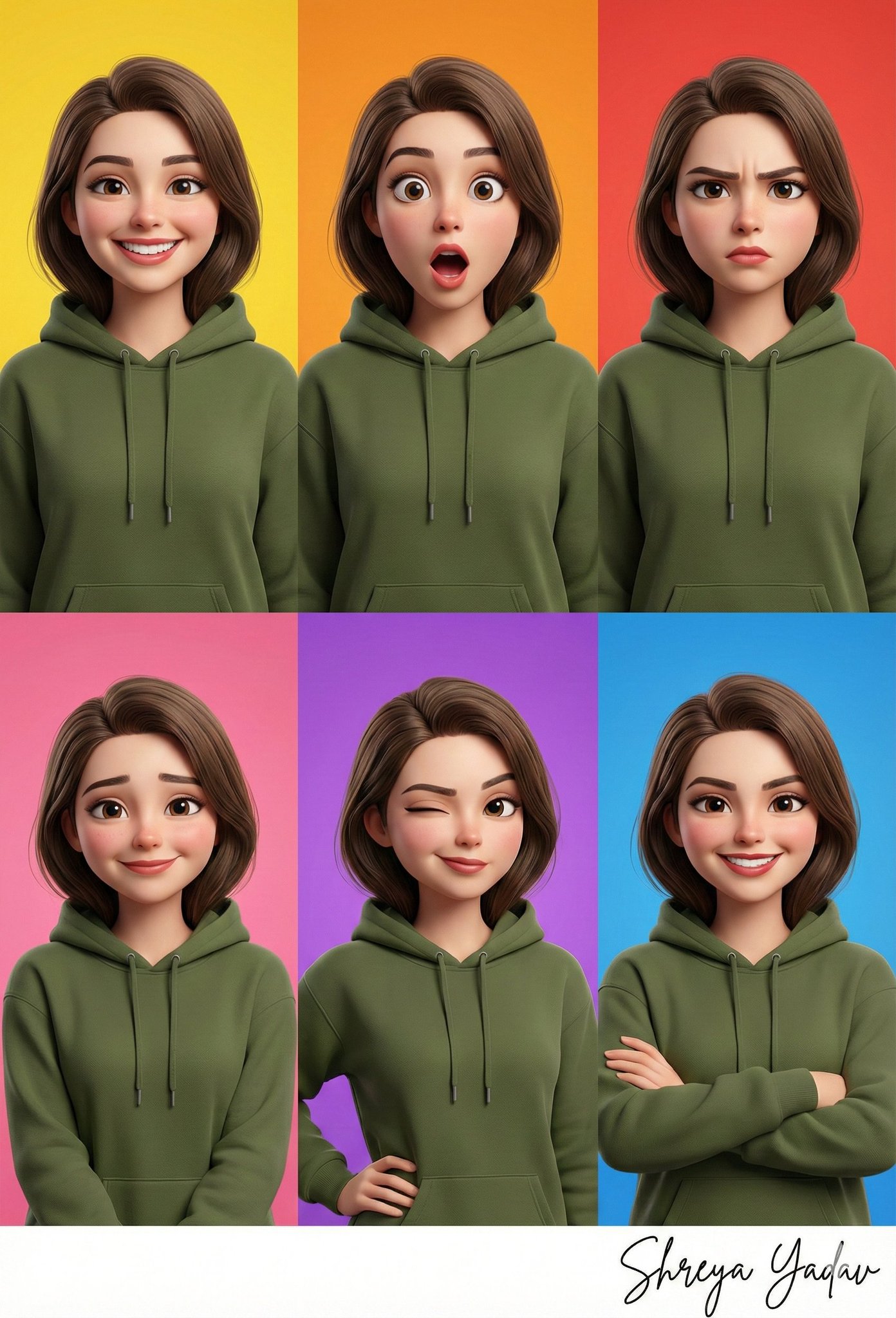 A six-panel (3x2) close-up collage of a highly polished 3D caricature woman in a deep olive green hoodie, showing six distinct emotions with bold, vibrant backgrounds. Includes elegant signature text “Shreya Yadav” with soft ambient, cinematic lighting and crisp 8K-style definition.