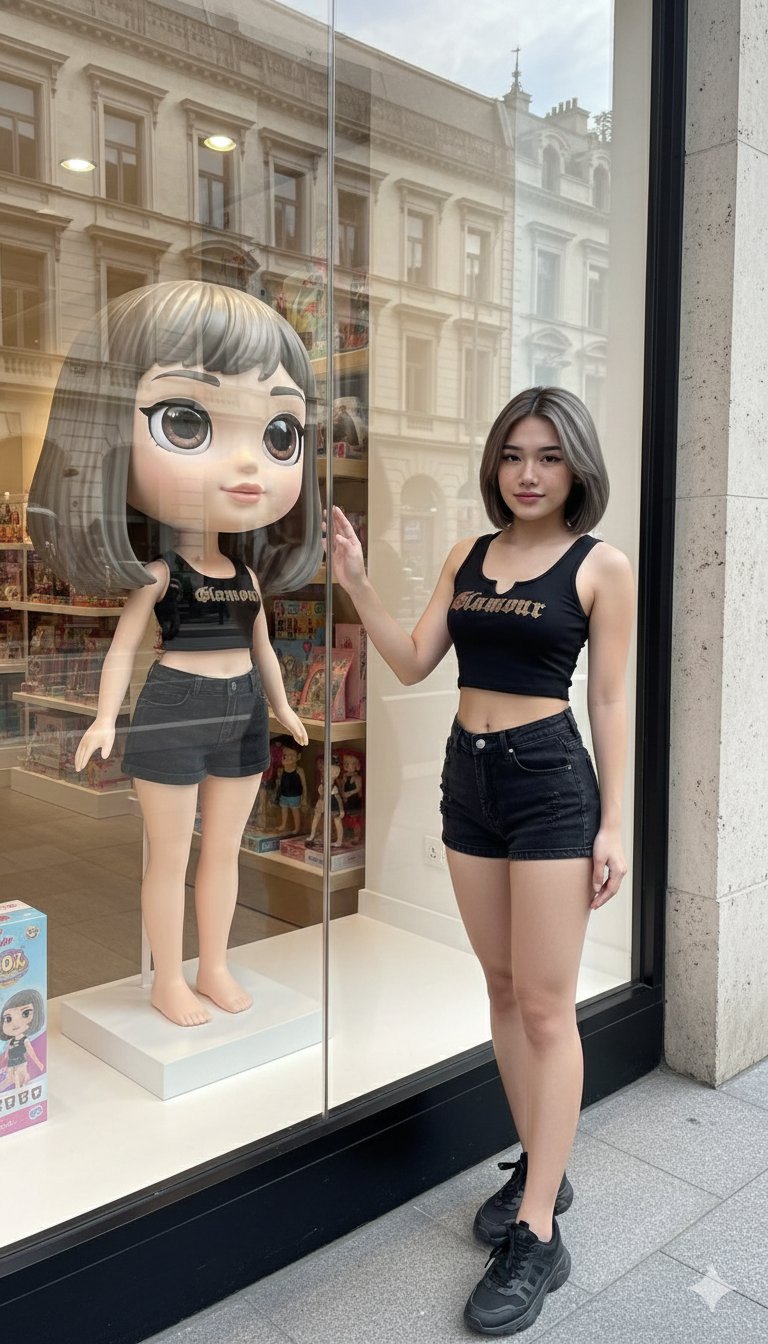 Create a bright, premium street-fashion photograph of a woman outside a luxury toy-shop window, with realistic reflections and her face unchanged. Inside the display, include a full-height big-eyed cartoon doll styled to match her exact features, hair, and outfit.