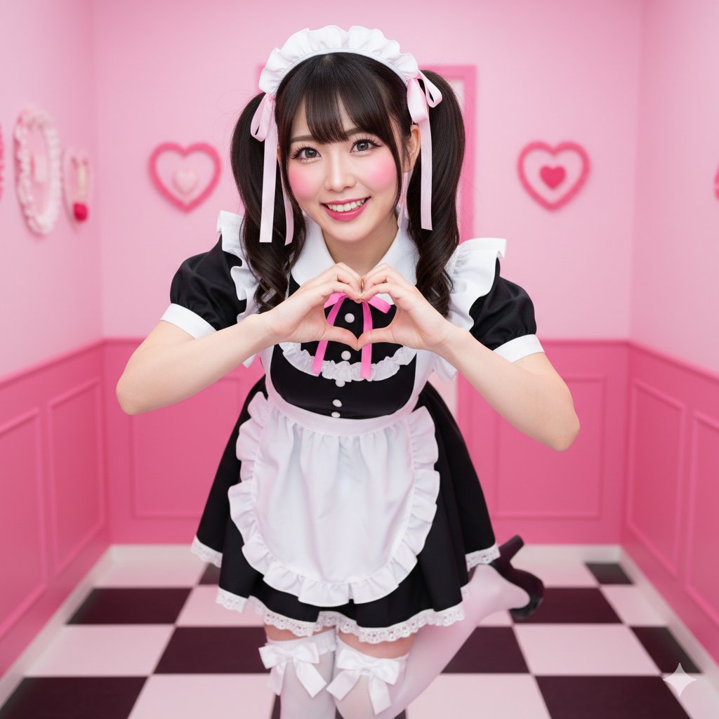 A realistic full-body portrait of an adult East Asian woman in a classic black-and-white maid outfit, making a heart gesture in a bright pink themed maid cafe. Shot with a 35mm full-frame look, high-key pop lighting, crisp vibrant Akihabara-style color.