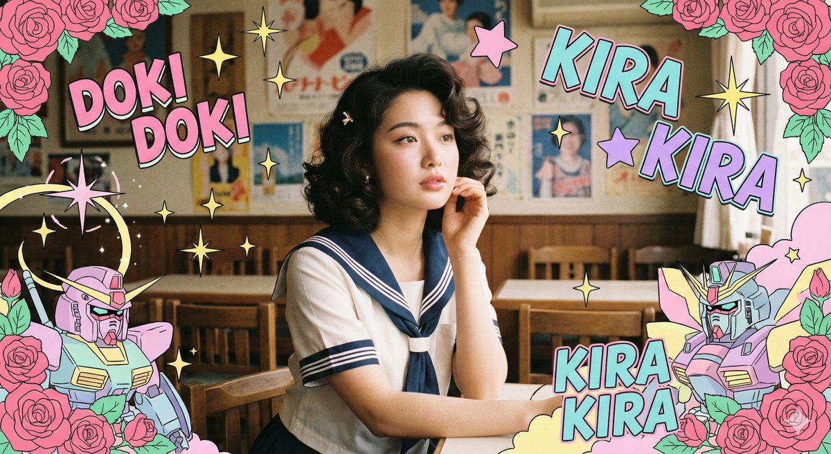 A dreamy portrait of a beautiful East Asian woman in a nostalgic Japanese café, surrounded by dense 80s–90s shoujo manga effects. Flat cel-style colors and rough lines contrast with a realistic figure under soft afternoon light.