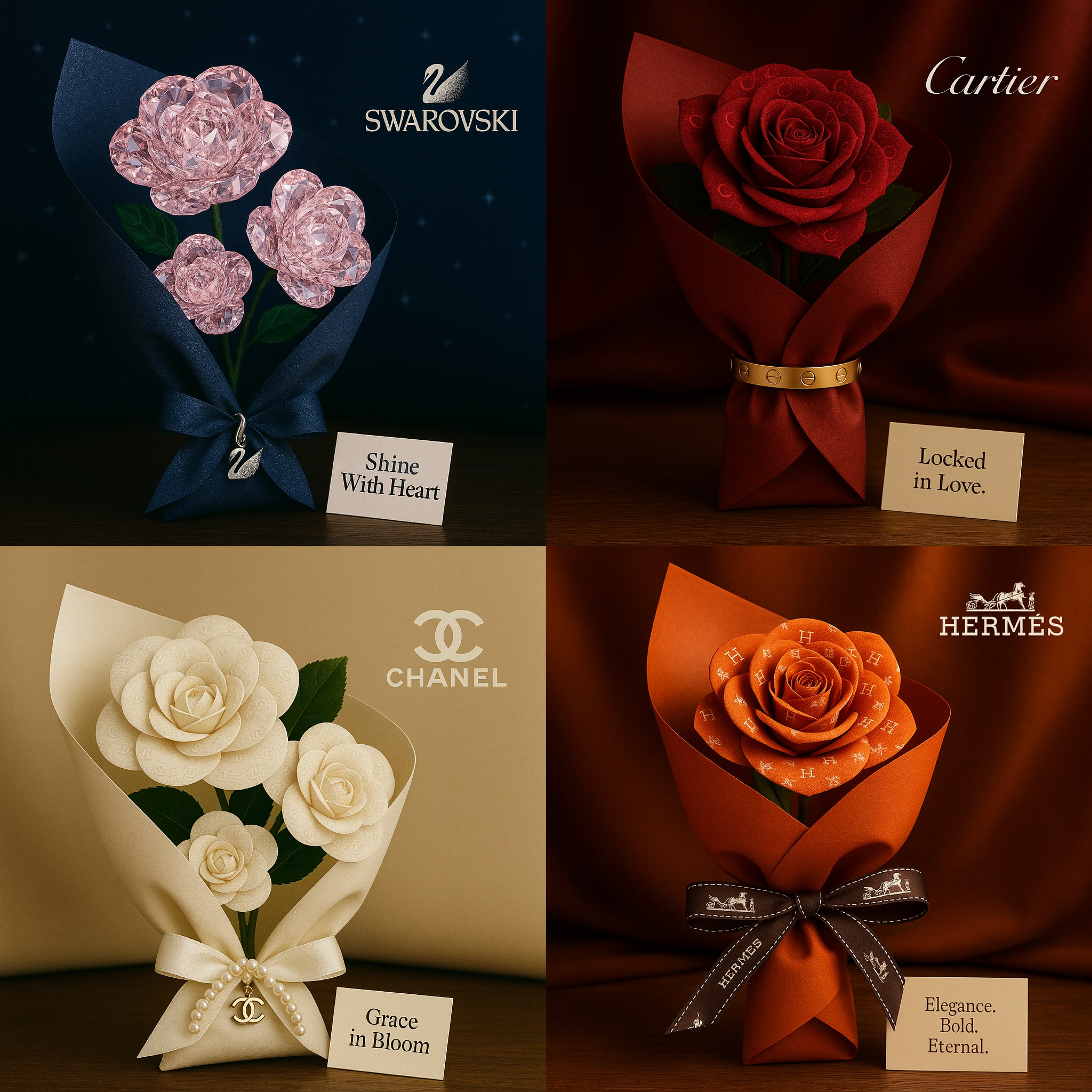 Create a square-format romantic bouquet inspired by a chosen brand, with roses made from the brand’s visual patterns and a luxurious wrap tied with an iconic product. Add a subtle logo and a 3-word emotional slogan card under cinematic, premium editorial lighting.