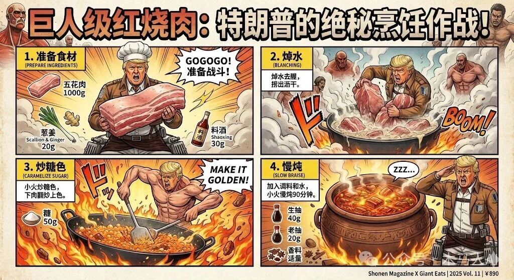 Create a colorful, high-impact manga-style flowchart showing how to make braised pork belly, with brief notes and ingredient weights in grams, laid out like a Japanese pop magazine page and featuring Trump as a character.