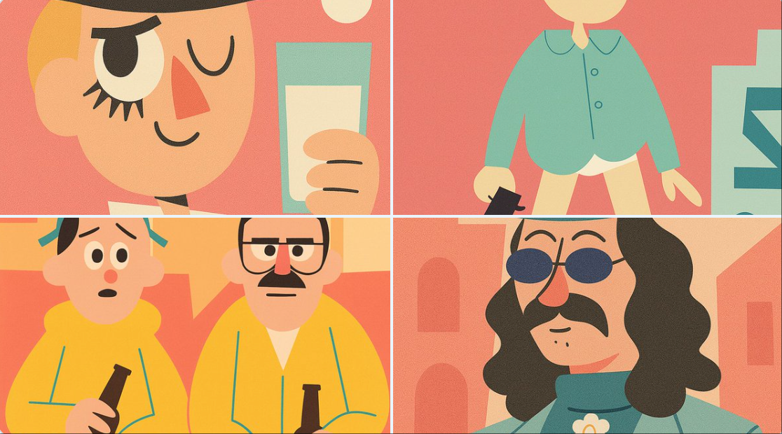 Turn your image into a playful, graphic mid-century modern cartoon illustration inspired by classic UPA animation. Features flat geometric characters, a limited pastel/bold palette, minimalist details, and symbolic abstract backgrounds.