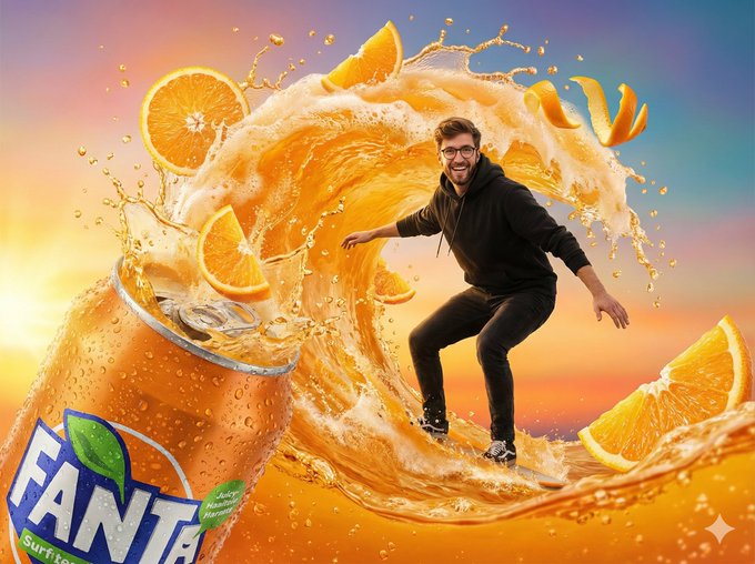 A vibrant fantasy-style soda commercial featuring a playful young man surfing an explosive orange soda wave bursting from a cold Fanta can. Packed with juicy orange slices, bubbly splash arcs, warm sunlight, and a colorful gradient backdrop in a cinematic advertising look.