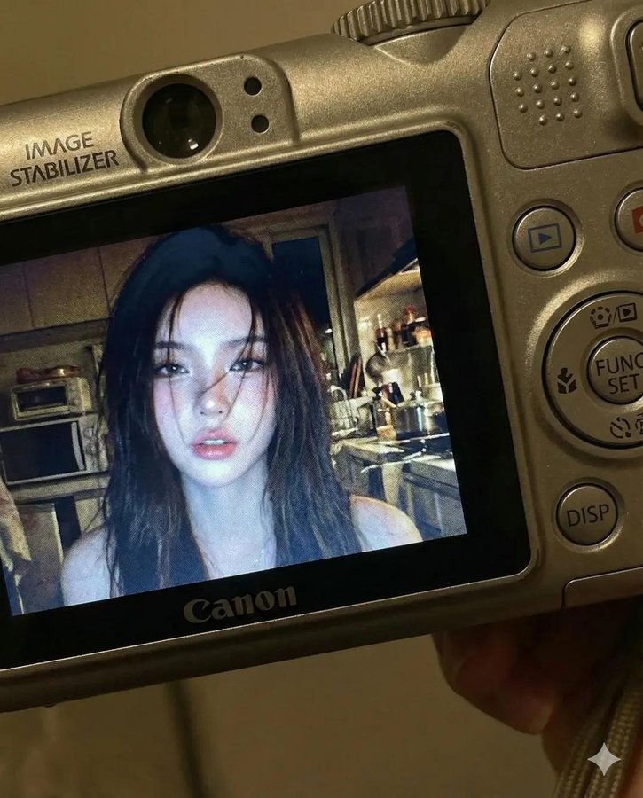 A close-up portrait of a young woman shown on the LCD of a Canon compact digital camera, with the camera body, buttons, and textured surfaces framing the image. The snapshot look features harsh built-in flash, cool muted tones, and natural screen grain in a dim, cluttered kitchen at night.