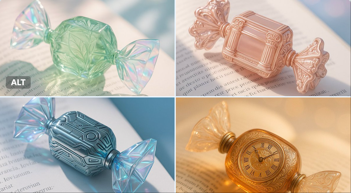 Create a dreamy still-life scene featuring a glossy candy-shaped perfume bottle resting on an open book in soft morning light, with delicate shadows and bokeh, complemented by iridescent or rainbow cellophane wrapping.