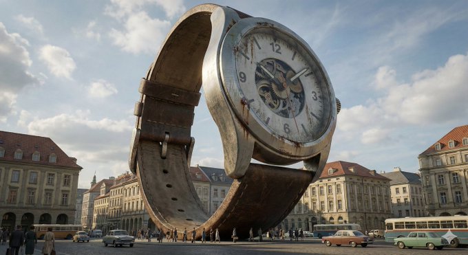 Turn any everyday object into a gigantic, real-world monument with physically accurate materials, visible wear and dust, and clear scale references like people and vehicles. Captured from a low-angle cinematic perspective in realistic daylight with ultra-detailed textures.