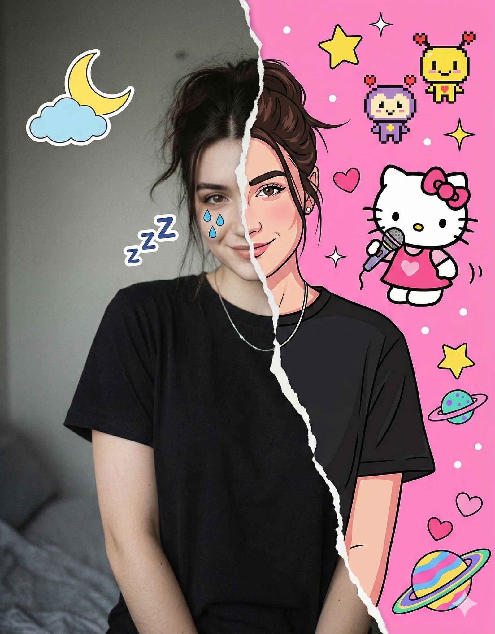 Create a chest-up female portrait that perfectly preserves the reference face, pose, and soft indoor lighting, split down the center with an irregular torn-paper edge. One half is lightly vintage and realistic with stickers and sleep symbols; the other half is a bold, vibrant pop-art cartoon with kawaii decorations.