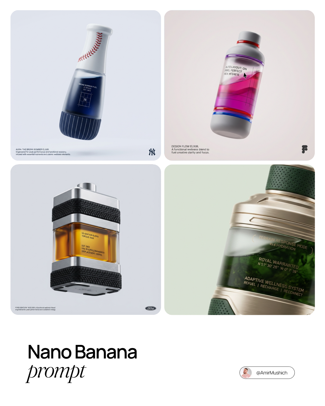 Create an 8K, hyper-realistic macro studio promotional shot of a futuristic functional wellness elixir bottle with aerospace-style matte white typography, a solid light pastel background, and subtle dark gray UI overlays including product copy and a brand logomark.