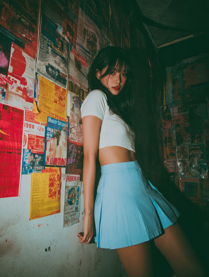 A vertical 4:5 portrait featuring a long-haired subject in a white cropped top and high-waisted pleated blue mini skirt, posed against a worn wall of overlapping posters. Warm, dim lighting with soft focus, grain, and a slightly desaturated vintage filter creates a provocative yet nostalgic mood.