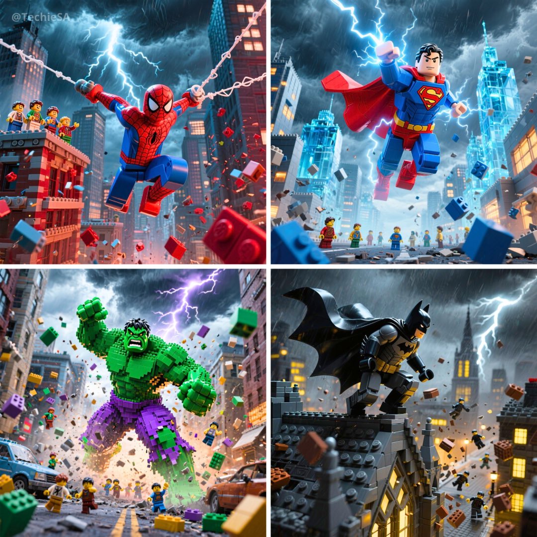 Create an epic, photorealistic LEGO superhero movie-poster scene with a dramatic stormy sky and lightning, swirling debris, and awestruck minifigures. Render in rich saturated color with professional depth of field and dramatic lighting in a 1080x1080 square format.