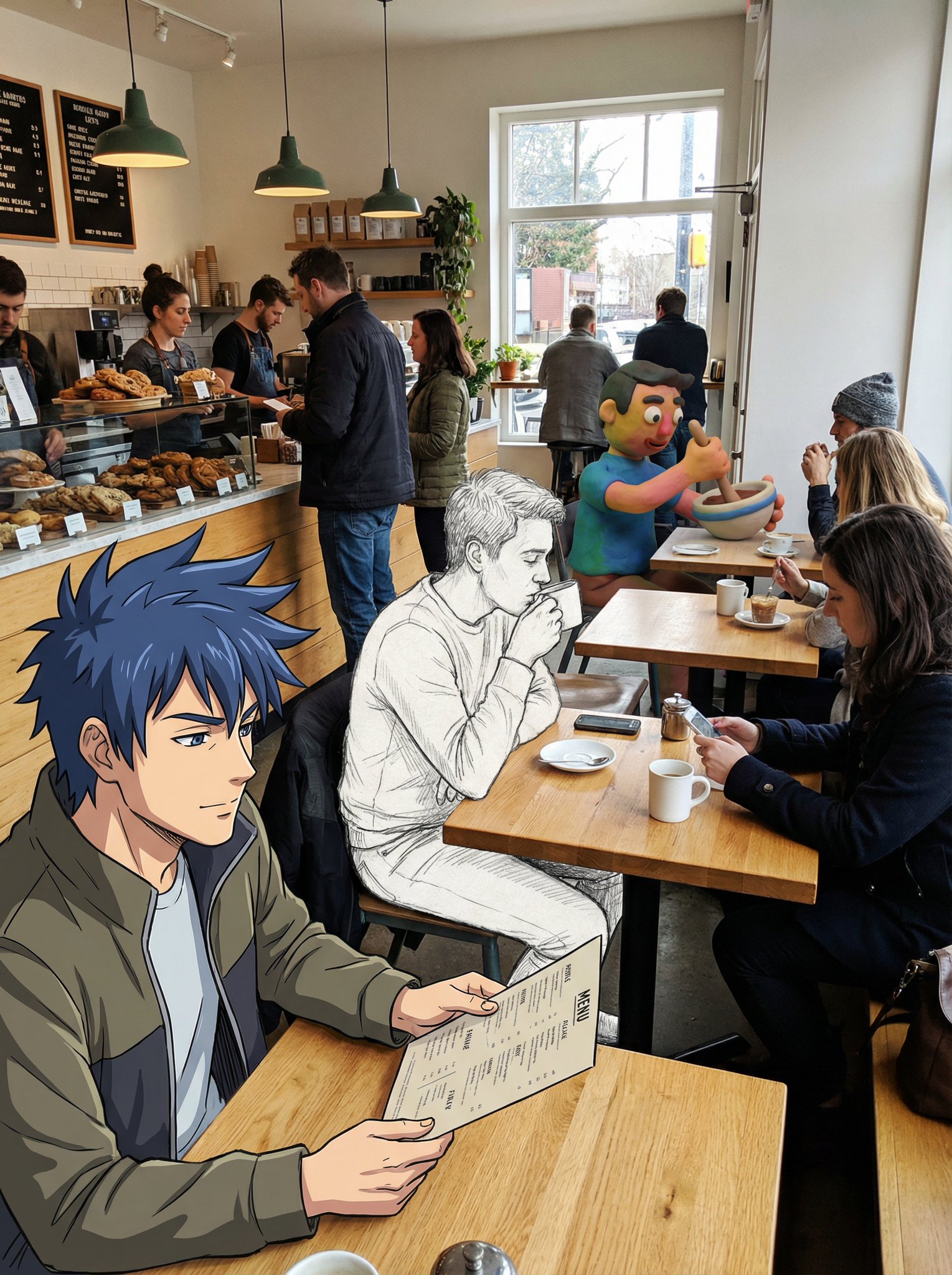 Create a realistic breakfast cafe photo scene featuring a blue-haired anime man in the foreground alongside a pencil-sketched person and a claymation person among the crowd.