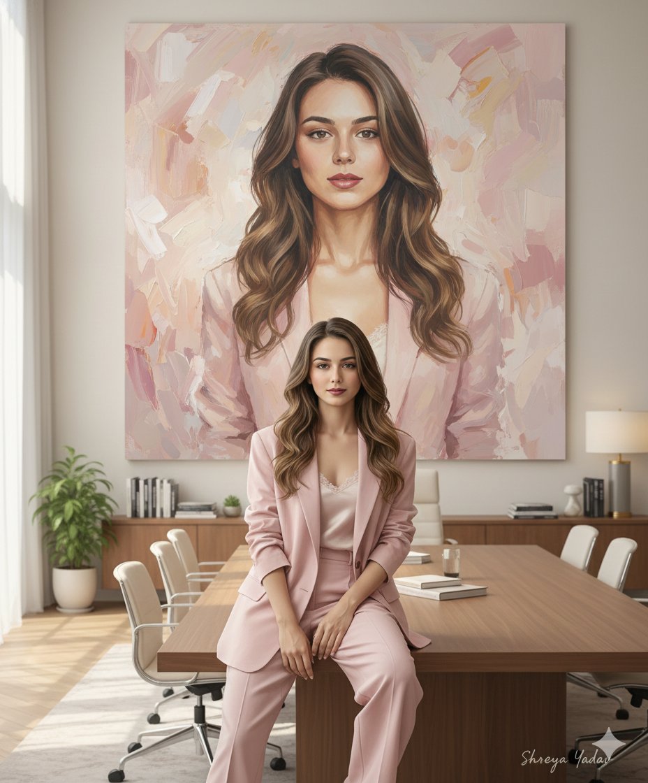 Create a fashion-editorial cinematic image featuring the same woman in a luxury personal office, with her face referenced from an uploaded photo in both the foreground figure and the oversized painted portrait behind her. The scene uses soft daylight, clean composition, and expressive pastel oil-paint brushstrokes.