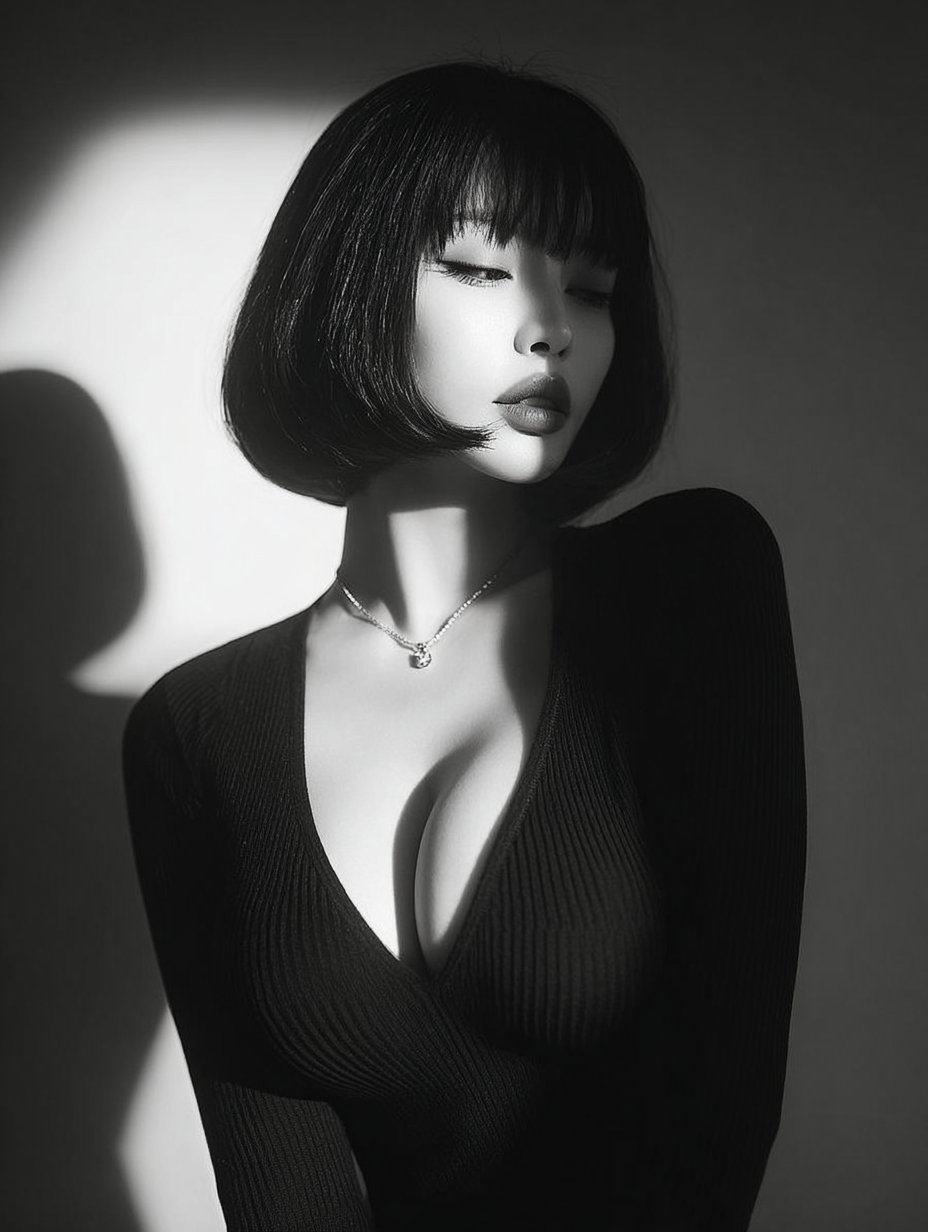 A photorealistic, high-contrast black-and-white close-up portrait of a young Asian woman, lit dramatically from the left for a serene, introspective mood. Minimalist studio gradient background with vintage film grain and rich detail.