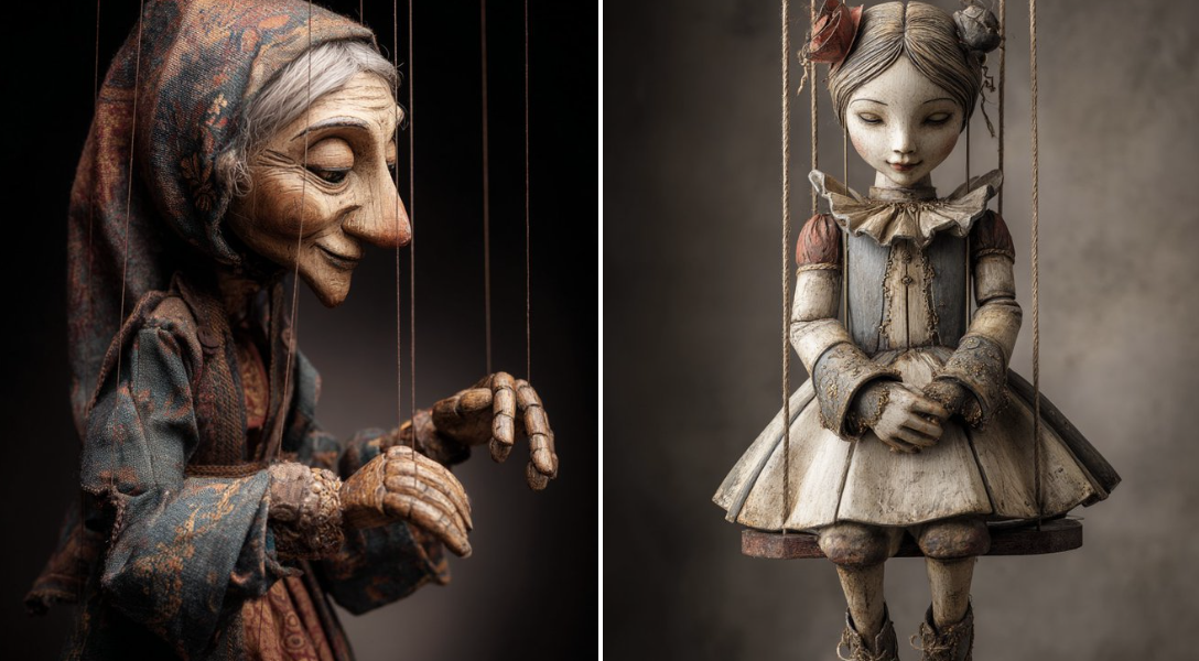 A hand-carved wooden marionette interpretation of your vehicle subject, featuring jointed limbs, painted details, and a slightly eerie antique finish under theatrical stage lighting.
