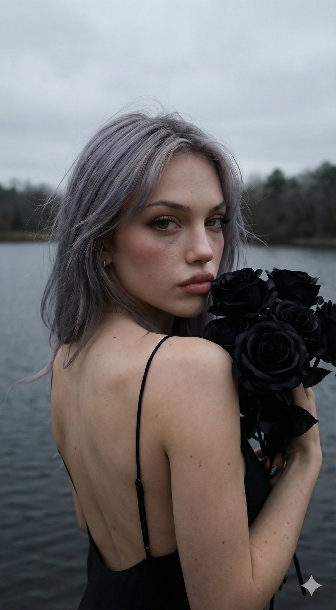 Create a moody, cinematic-realism portrait from a user-provided reference photo, keeping the subject’s face completely unchanged. The woman stands with her back to camera, turns over her shoulder with a soft melancholic gaze, holding black roses in a misty overcast lakeside setting.